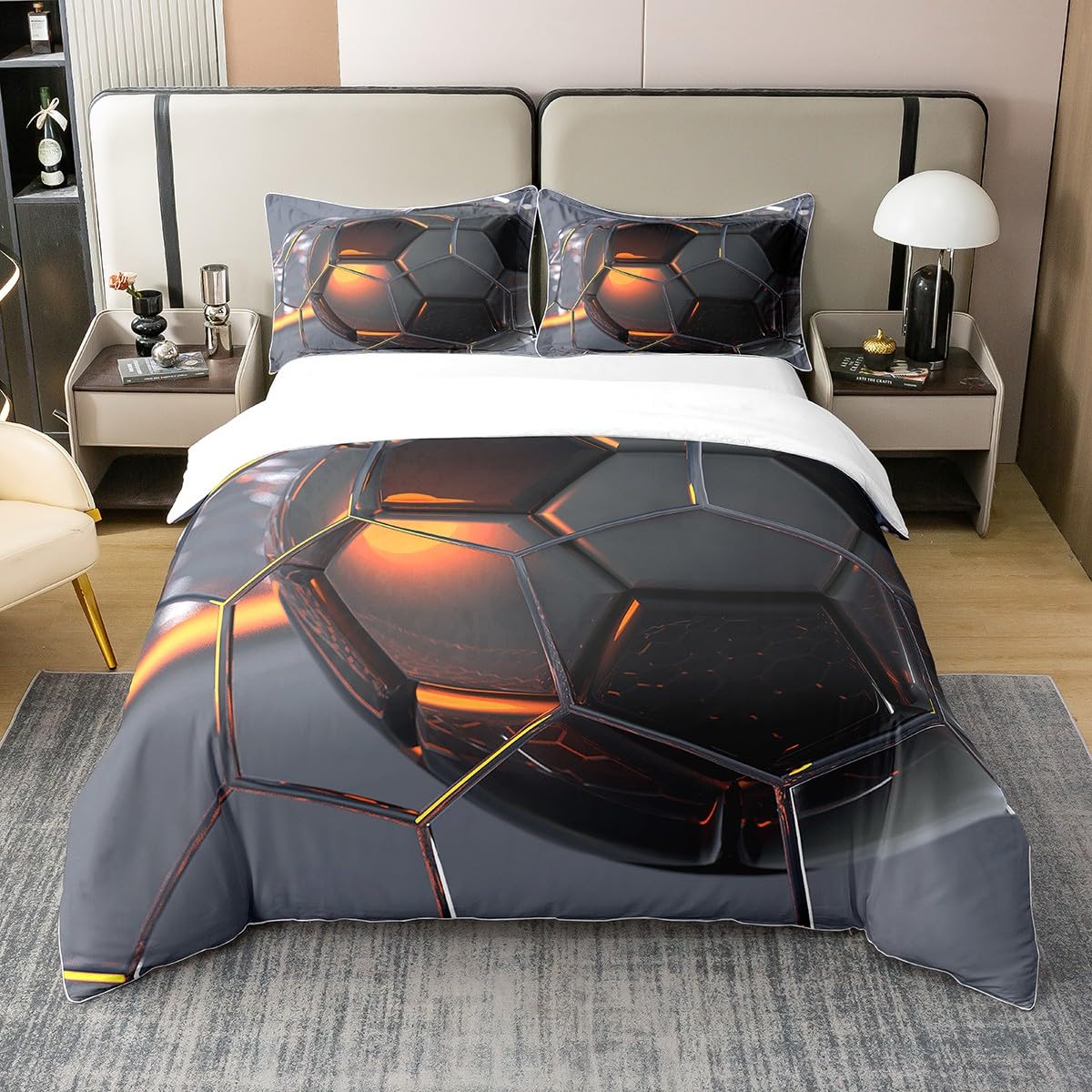 richhome Double Children'S Duvet Cover Printed Football Black Gray Bedding Set 100% Pure Cotton Boys Football Sports Themed Quilt Cover