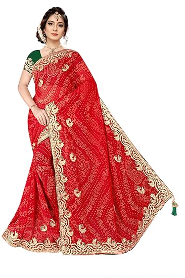 Women's saree Georgette With Blouse Piece for Festival, Ethnic Wear Collection, Traditional Ceremony| Pack of 2 |Red 1