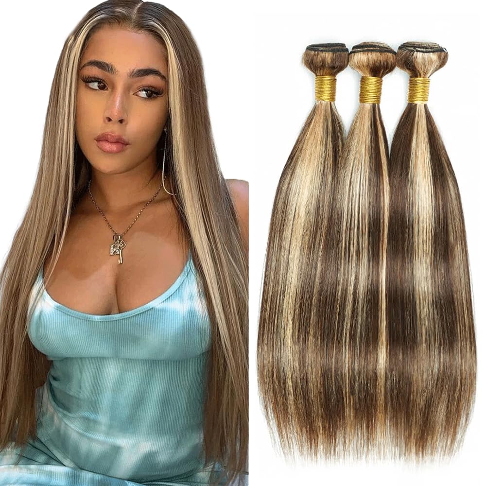 Ombre Human Hair Bundles P4/613 Brown Straight Bundles Human Hair 10 12 14 Inch Designed for Black Women Highlight Bundles Human Hair