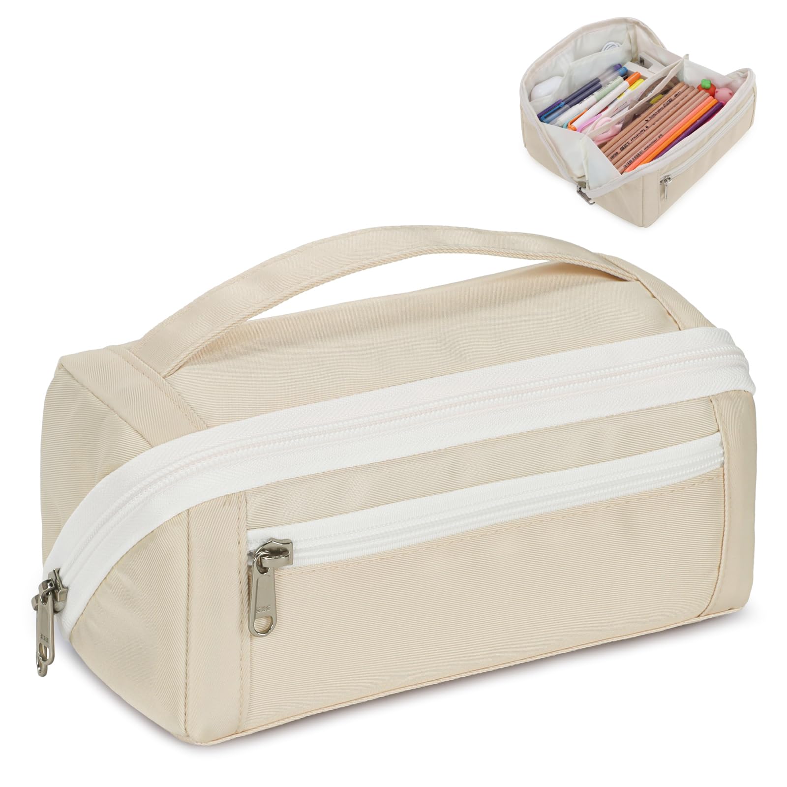 Large Pencil Pouch for Teen Girls, 8 Compartments, Cream White | Large capacity pencil case, wide-opening organizer fits calculators, markers, pens; for middle school, high school, college