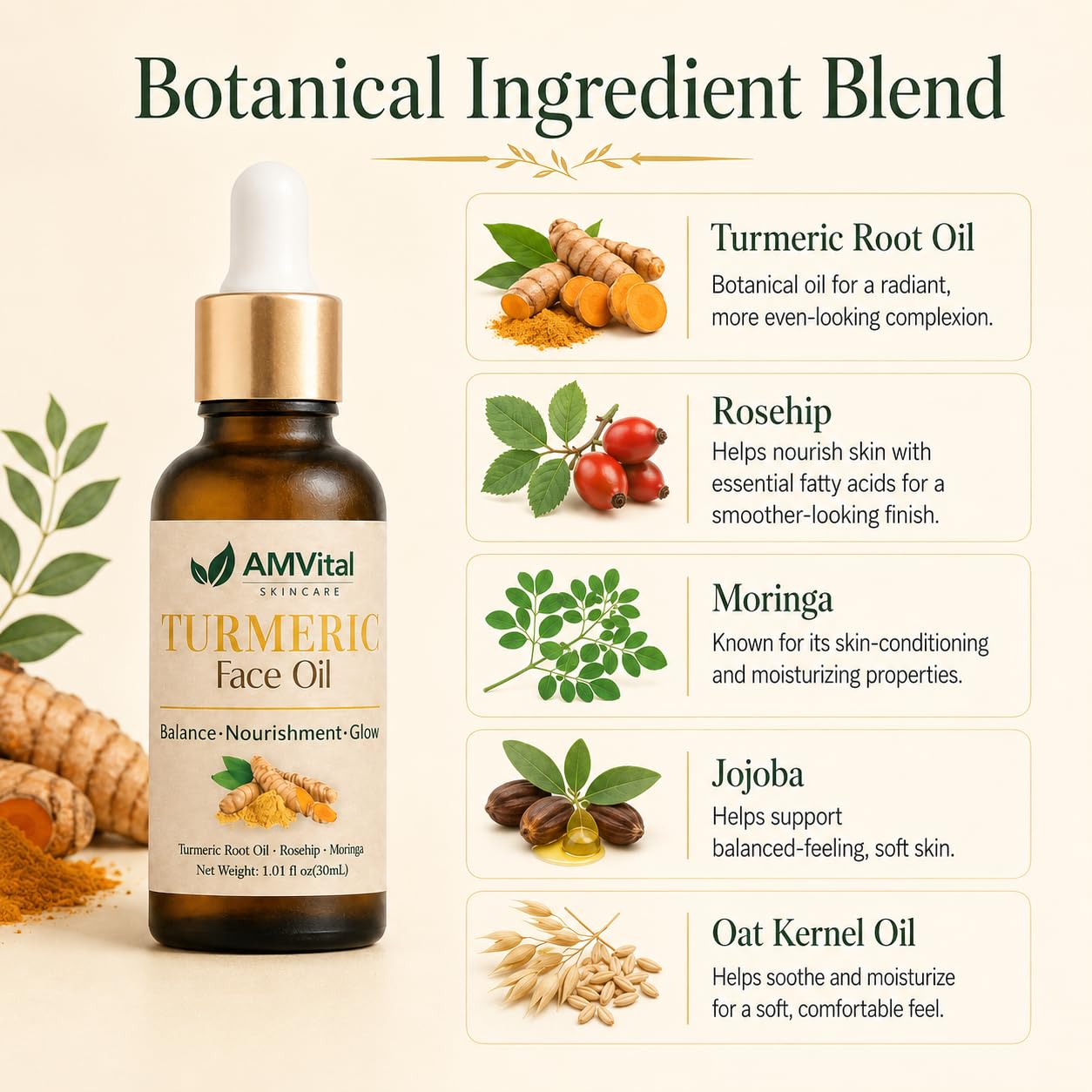 AMVital Turmeric Face Oil with Jojoba Rosehip and Moringa, 1 fl oz | Lightweight facial oil with turmeric, jojoba, rosehip, moringa and oat kernel oils