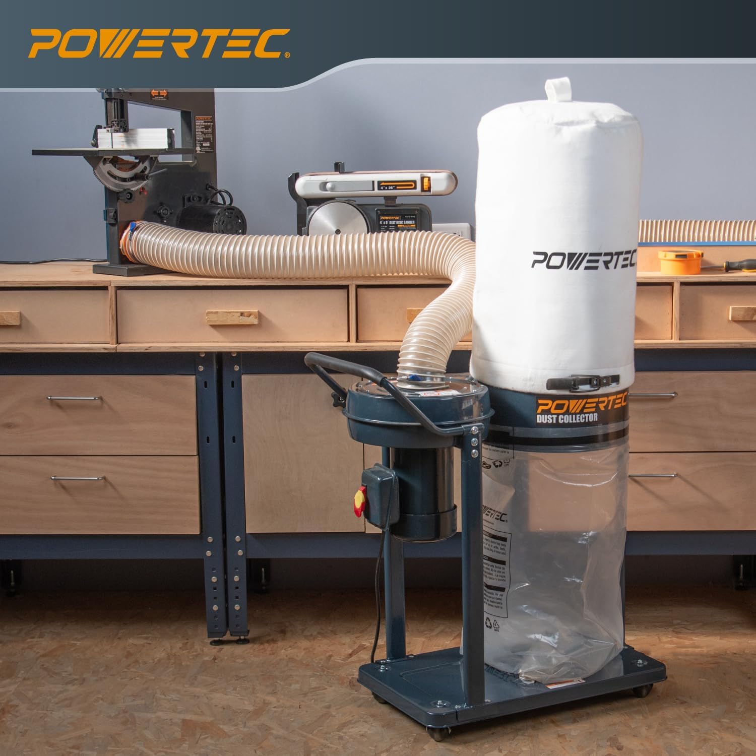 POWERTEC 1 HP Dust Collector with 1 Micron Dust Collector Bags and Mobile Base, Dust Collectors with 800 CFM for Woodworking Dust Collection System (DC1081)