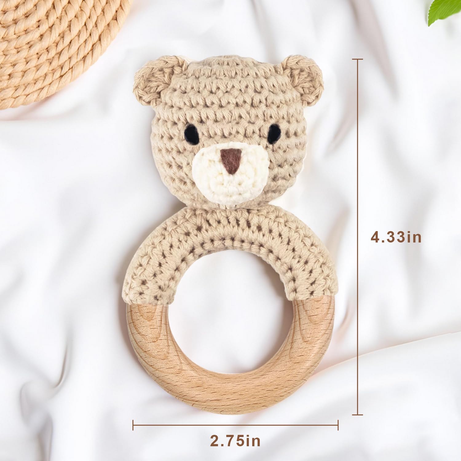 Wooden Baby Rattle, Handmade Crochet Stuffed Animal Organic Rattle Toys, Beige Bear Rattles for Babies 0-6 Months with Wood Teething Rings, Baby Announcements Ideas