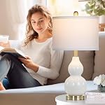 Double Gourd Ceramic Table Lamps Set of 2, Modern White Bedside Lamps for Night Stand, Contemporary Nightstand Lamps for Bedroom Living Room (Bulb Included)