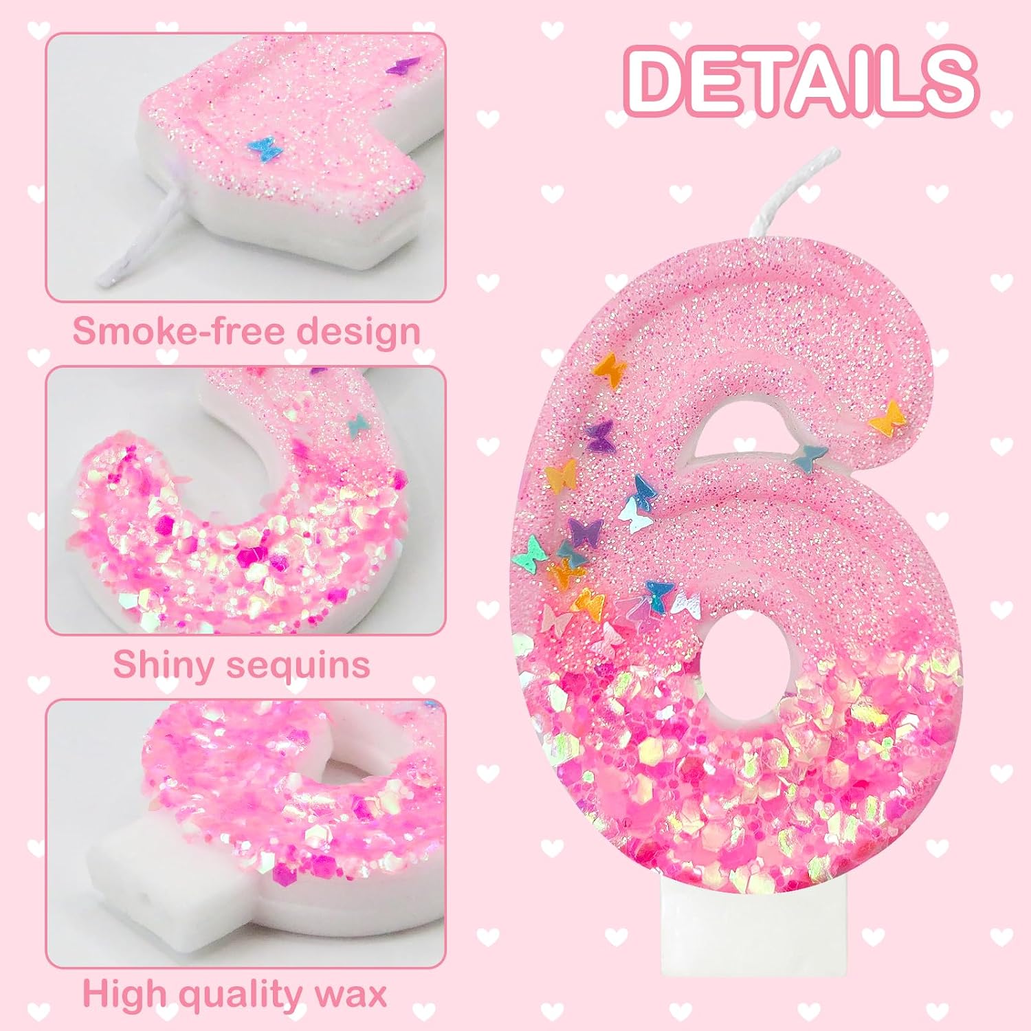 Pink Sequin Birthday Candles, Cake Number Candles, Girls 0th Birthday Decorations, Suitable for Birthday Parties, Anniversary Party Decorations(6)