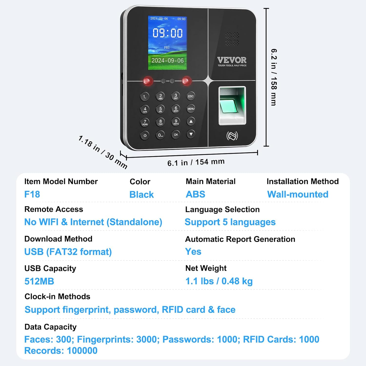 Image displaying the VEVOR Biometric Time Clock with its dimensions and a table of specifications.