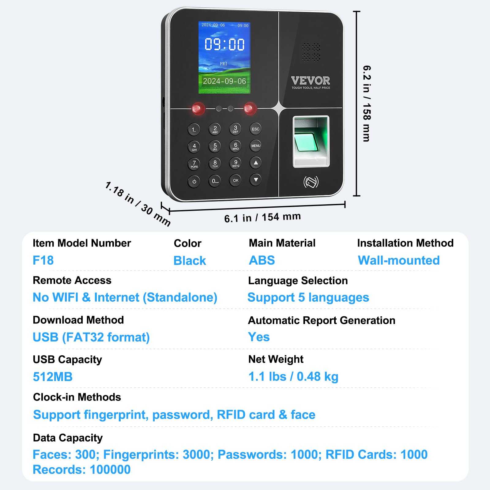 VEVOR Macchina Biometrica per Rilevazione delle Presenze dei Dipendenti con riconoscimento facciale, Impronta Digitale, Carte RFID e Immissione PIN, Orologio Biometrico Indipendente, Supporta 5 Lingue