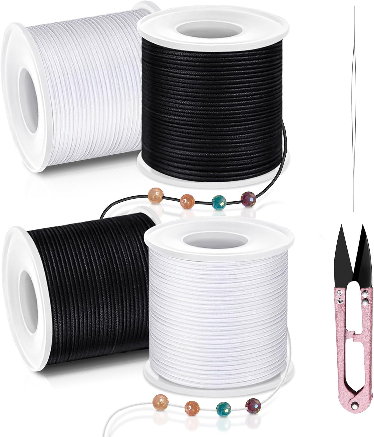 Stretchy String for Bracelets, Necklaces, Bead Stringing, Jewelry Making, Hair Braiding, and Crafts. Diameter: 1mm, Length: 330 Feet, Rainbow and White (2 Pieces)