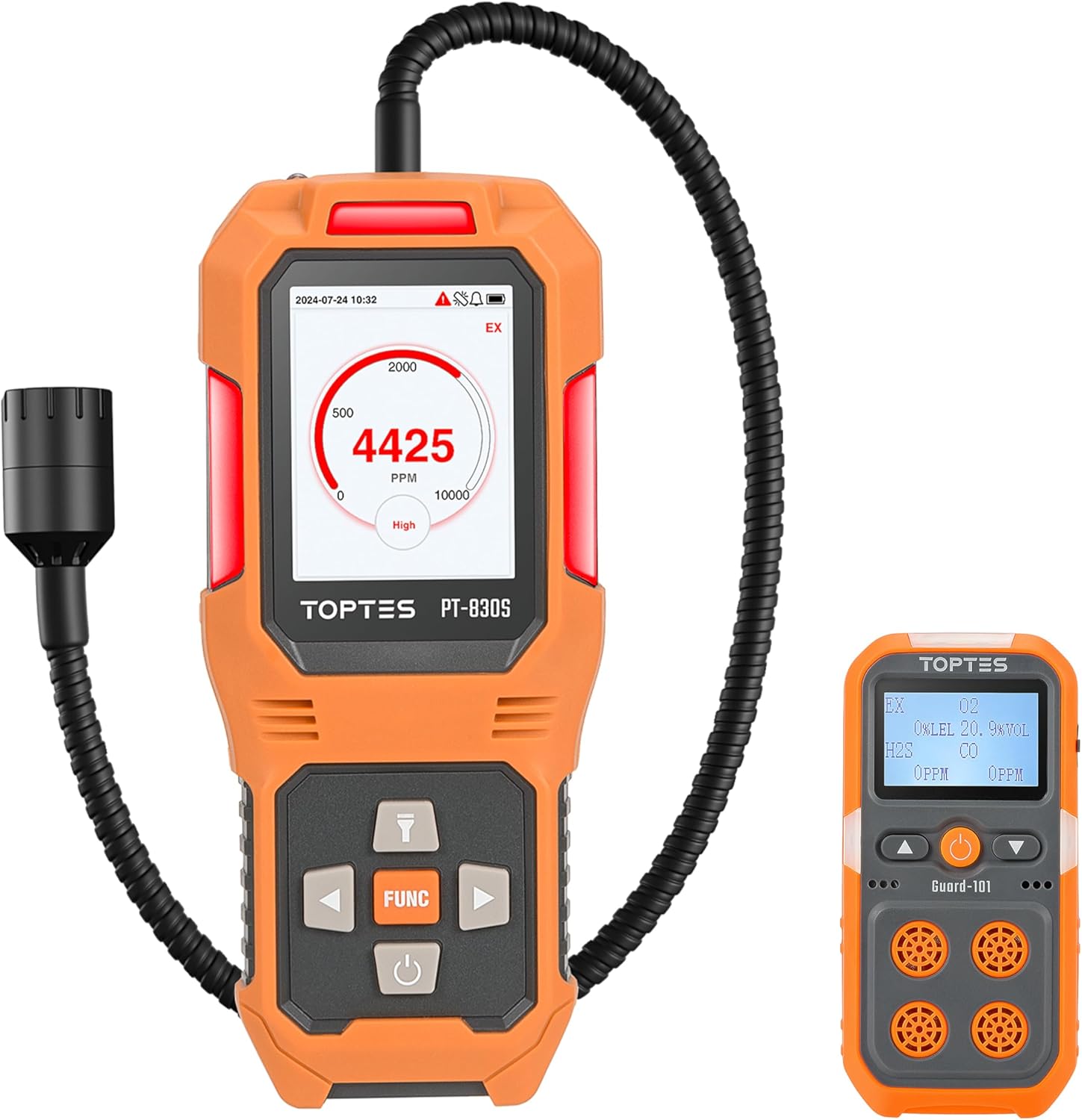 PT-830S Rechargeable Gas Detector for Methane, Propane, and Natural Gas & Guard-101 4 Gas Monitor for H2S, CO, LEL, and O2 for Home, Industry