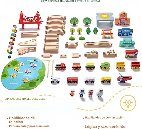 Miniatura 3 de Tiny Land 110 piezas de juego de tren de madera – Tren de juguete con vías para niños de 3 a 7 años, compatible con las principales marcas, ideal