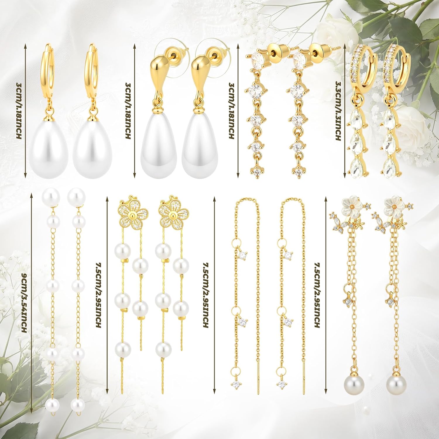 Nosiny 8 Pairs Gold Dangle Pearl Drop Earrings Set for Women Long Tassel Threader Chain Flower Sparkling Cz Threader Drop Earring Chain Wedding Bridal Earring Set for Women Trendy