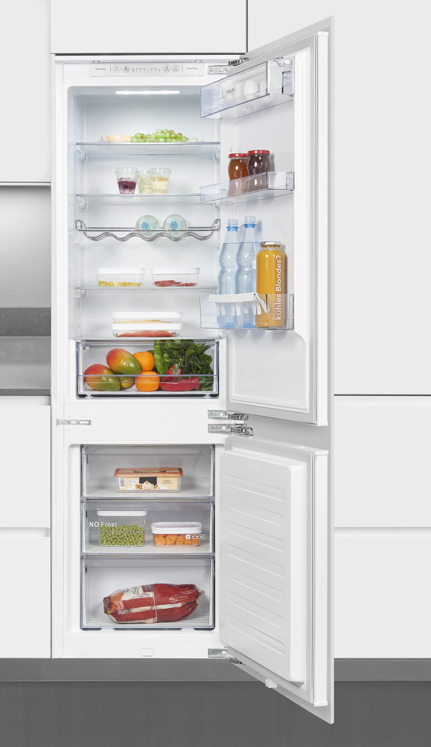 Exquisit® Frigorífico Combi, 246L, Clase E, Color Blanco, Tecnologia No-Frost, Cajón Verdulero, Puerta Reversible, Regulación con Visualización Digital, Consumo 217 kWh/año, Medidas 178,2x54x53 Cm.