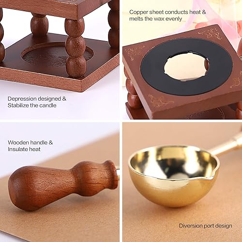 Miniatura 4 de Herramienta de horno de fusión de sello de cera, calentador de sellos de cera de madera con cuchara de latón resistente al calor y vela de té en