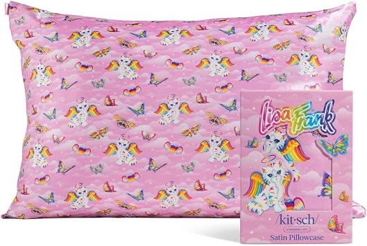 Lisa Frank x Kitsch Satin Pillowcase with Zipper for Hair & Skin - Softer Than Silk Pillow Cases, Smooth Cooling Satin Pillow Case, Wrinkle-Free Pillow Cases Standard Size 19x26 - Angel Kitty