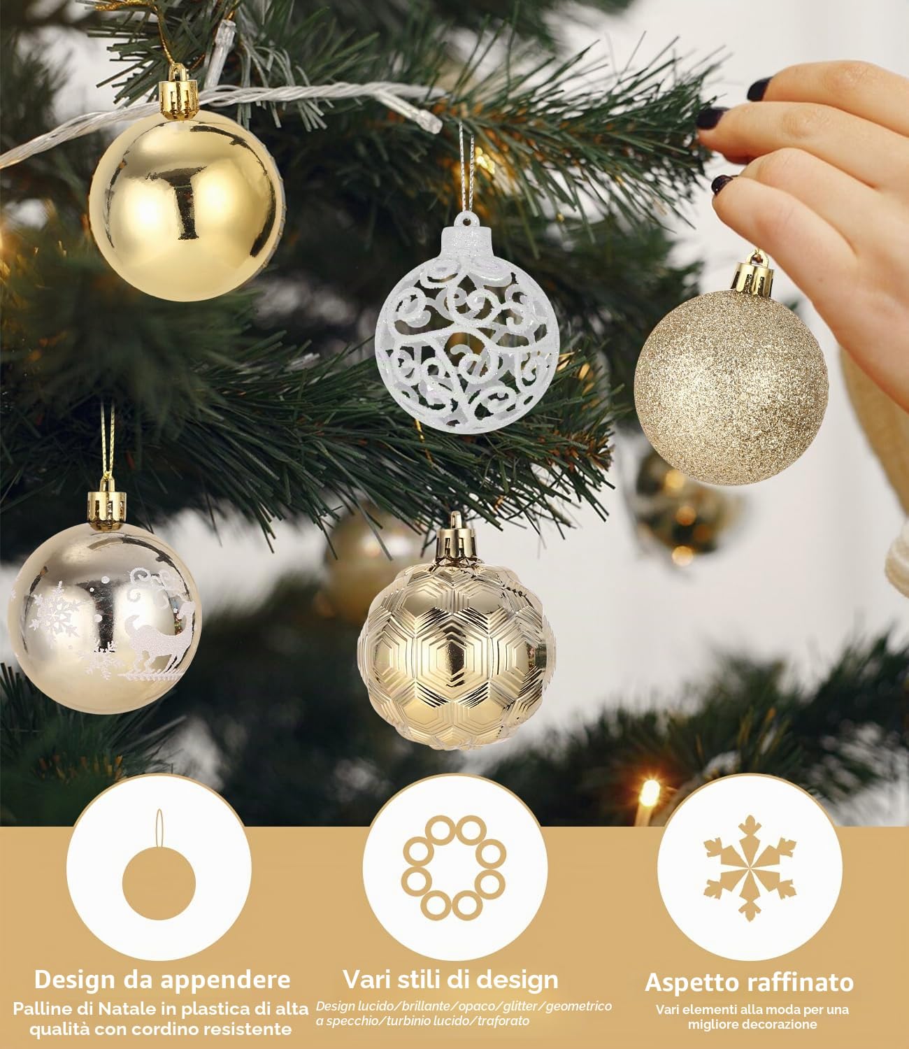 121 Pezzi Palline Albero di Natale Set in Oro e Bianche, Decorazioni Albero di Natale Plastica Infrangibili, Addobbi Natalizi con Ciondolo, Decorazioni Natalizie per Uso Interno ed Esterno - Ø3/4/6 cm