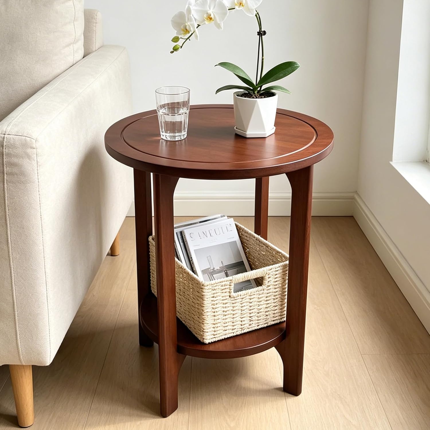 Solid Wood Round Side Table for Living Room, Bedroom | 2-Tier Wooden End Tables, Mid Century Modern Circular Nightstand Bedside Table, Easy Assembly (Walnut)