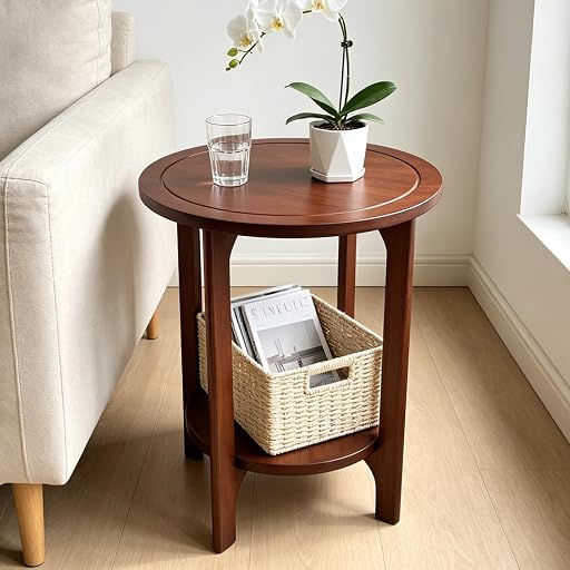 Solid Wood Round Side Table for Living Room, Bedroom | 2-Tier Wooden End Tables, Mid Century Modern Circular Nightstand Bedside Table, Easy Assembly (Walnut)