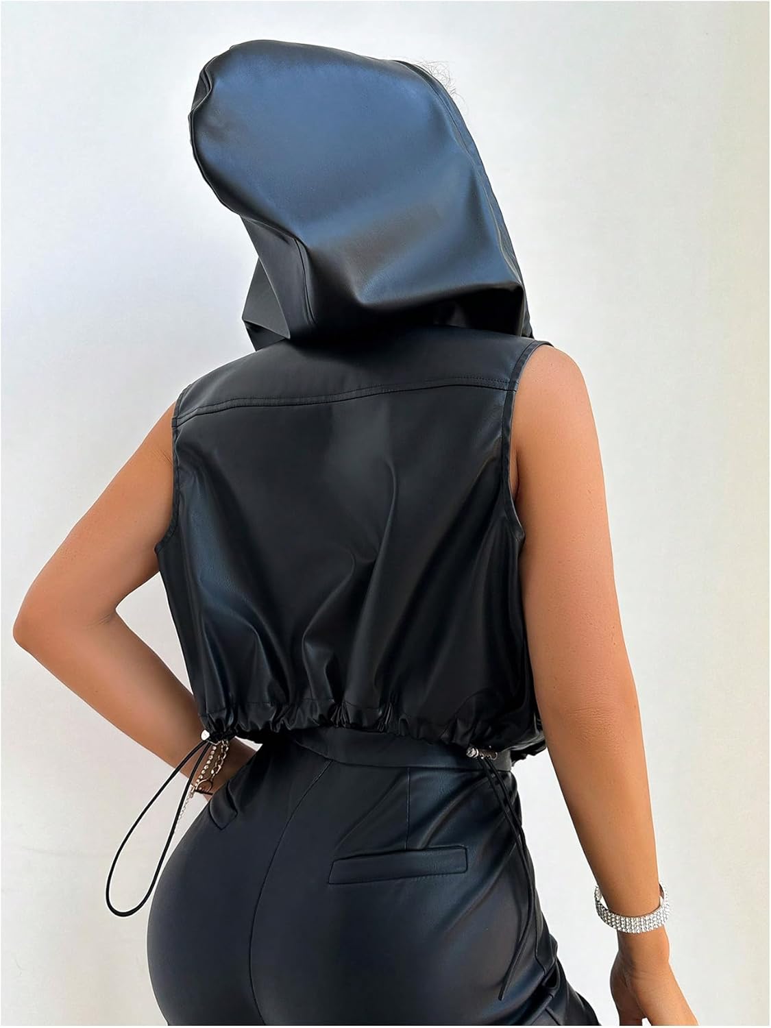 Verdusa Women's PU Leather Zip Up Cropped Vest Sleeveless Hooded Jacket with Pockets - Image 2