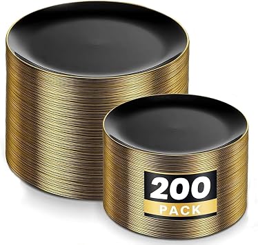 KIRE 200Pcs Black Plastic Plates - Black and Gold Plates Disposable for Party - Include 100 for Dinner and 100 for Dessert for Birthday/Wedding/Halloween