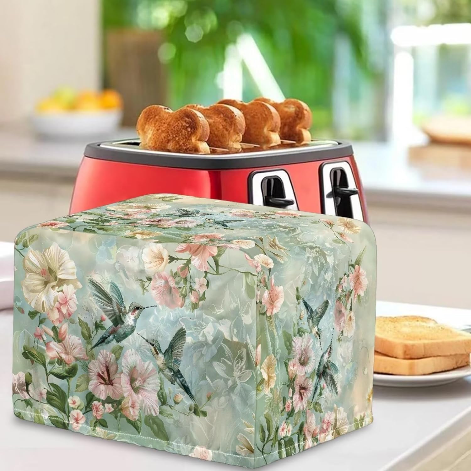 Blooming Flowers Print Toaster Cover 2 Slice Green, Hummingbird Pattern Waterproof Bread Maker Dustproof Protection, Washable Adjustable Bread Machine Cover