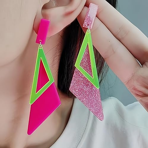 Aretes de neón de Halloween de los años 80, estilo vintage, doble triángulo, largos, para mujer, retro, geométricos, fluorescentes, verde, rosa,