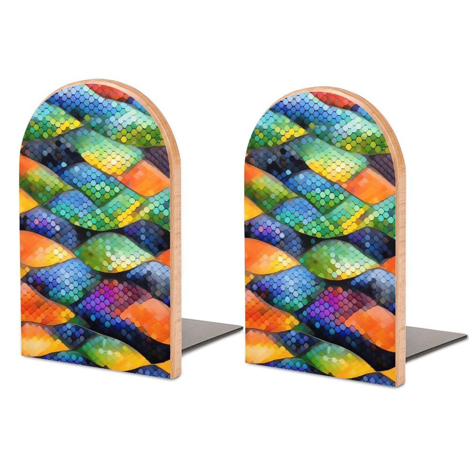 Beech Wood Book Ends Rainbow Fish Scale Printed Bookend for Shelves Home Decorative Bookends for Heavy Books for Office Bookshelves
