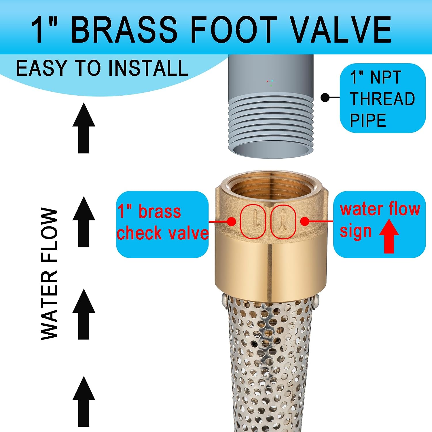 (2 Pack) Asterbacks Brass Foot Valve 1 Inch NPT Female Connection with Stainless Steel Filter, Heavy Duty Prevent Backflow Media Bottom Valve for Water Pump, Irrigation System
