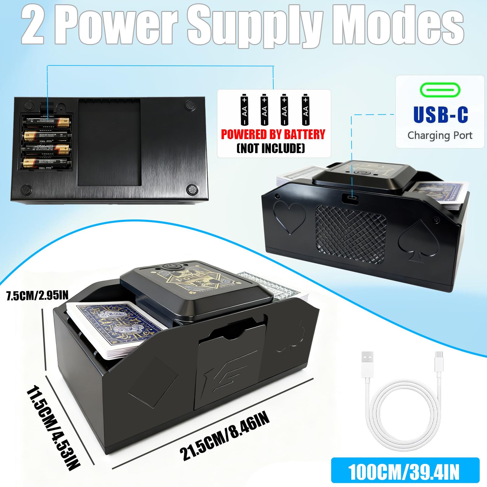 Mischia Carte Automatico Induttiva, Mescolatore Automatico di Carte 1-2 Mazzi, Card Shuffler Funzionamento a USB/Batteria, Mescolatore Elettrico da Poker per Uno, Skip-Bo, Phase 10, Blackjack