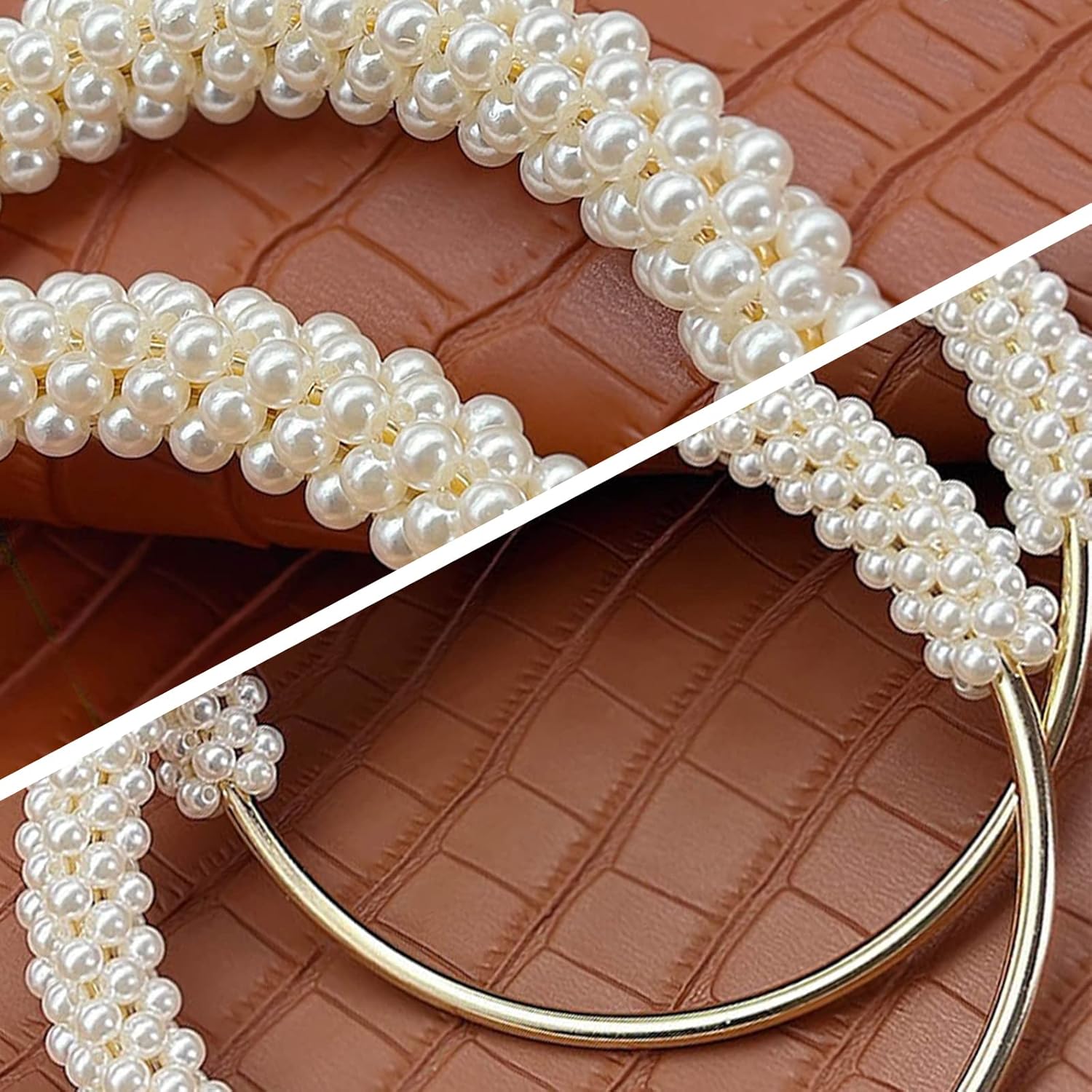 TXIN 2 Pieces Pearl Beaded Purse Handle, Imitation Pearl Decor Handbag Handle, Short Replacement Bag Chain Accessories with Golden Ring for DIY Handmade Woven Crochet Bag Purse Making Supplies (White) - Image 3