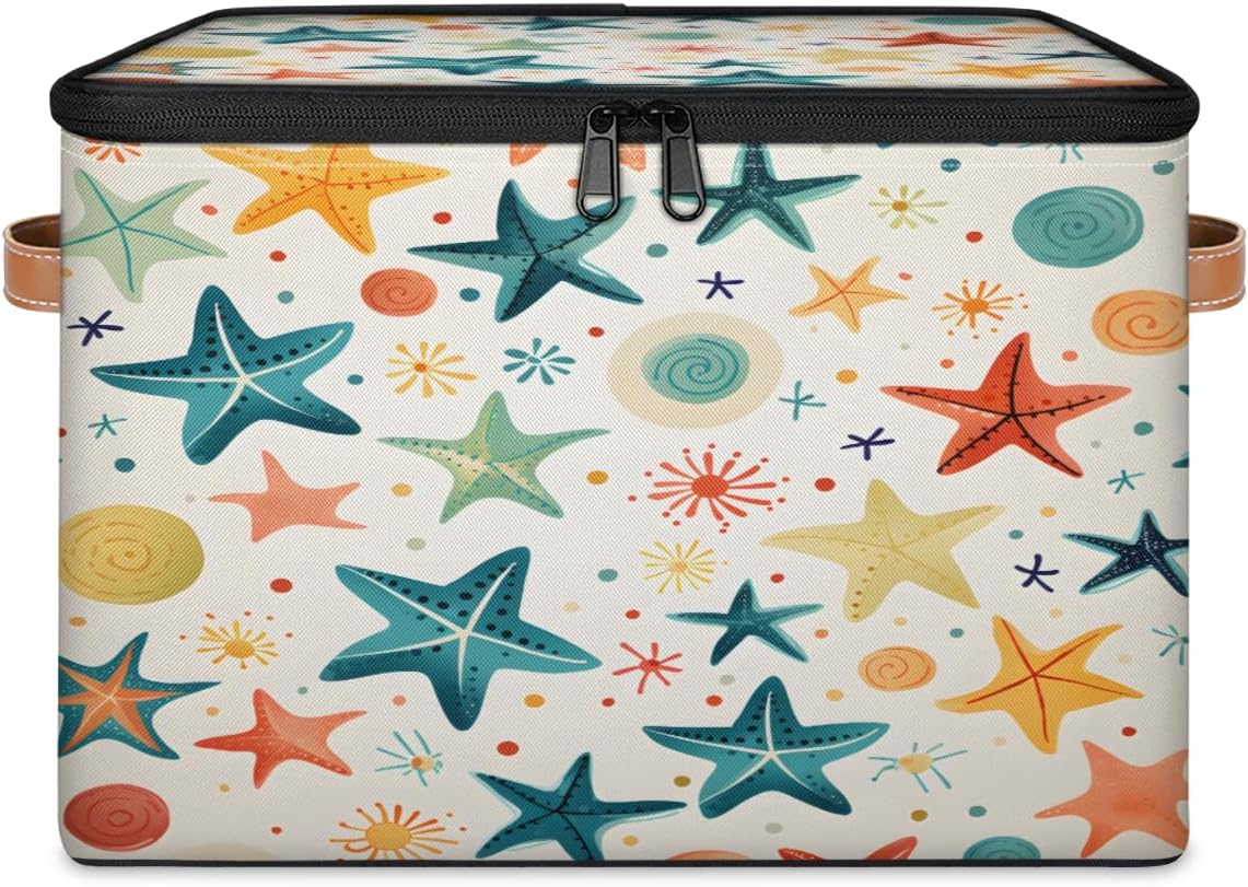 Storage Bin Set of 2 Rainbow Starfish Storage Basket with Zipper Lid & Handle Foldable Closet Shelf 2 Pack Cloth Organizer Basket Cube Bins Clothes Organizer for Bedroom, Nursery