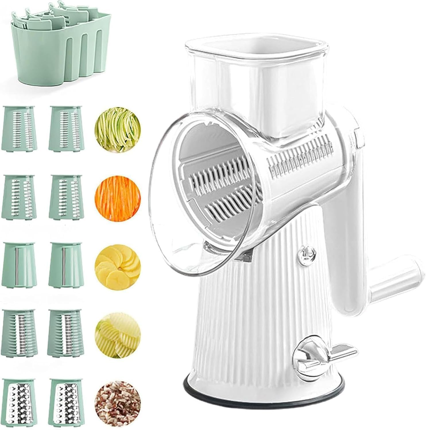 5 in 1 Rotary Cheese Grater Vegetable Slicer, 5 in 1 Gourmet Cheese Grater, Kitchen Hand Crank Cheese Grater with Handle, Easy to Clean Kitchen Gadgets with Storage Box,White