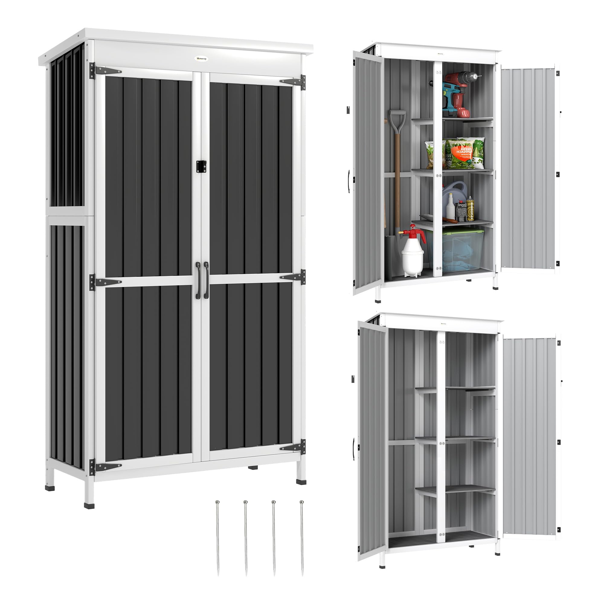 Outsunny Armoire de Jardin en Bois Acier Galvanisé Portes Doubles Noir | Fermeture Métallique, 3 Étagères Amovibles, Toit en Asphalte Imperméable, Base Élevée