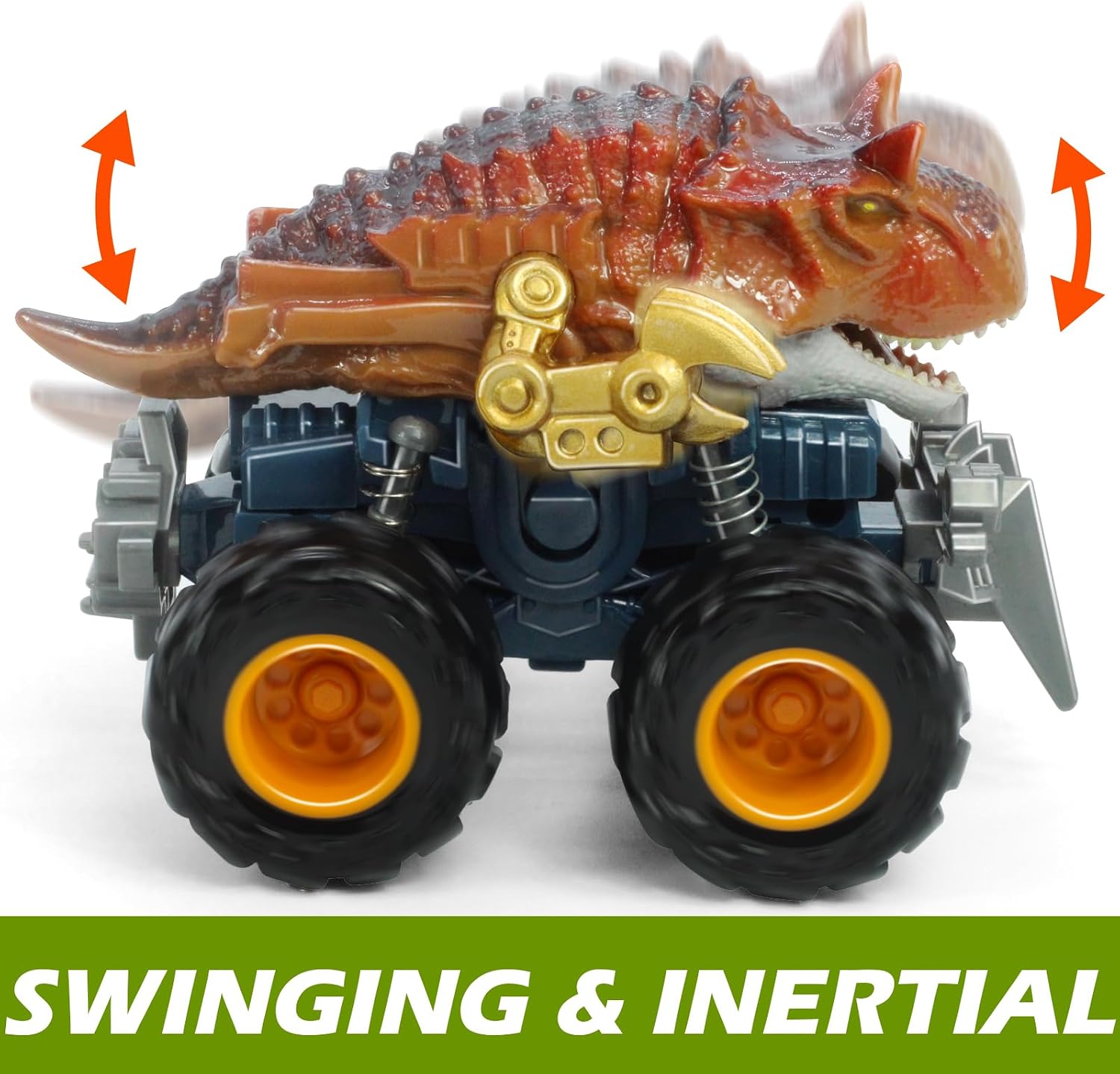 Oriate Friction Powered Dinosaur ATV Toy Cars for Children, Baterried Free Swing Carnotaurus Monster Truck with Robotic Arm, Fantastic Birthday for Kids Boy Girl