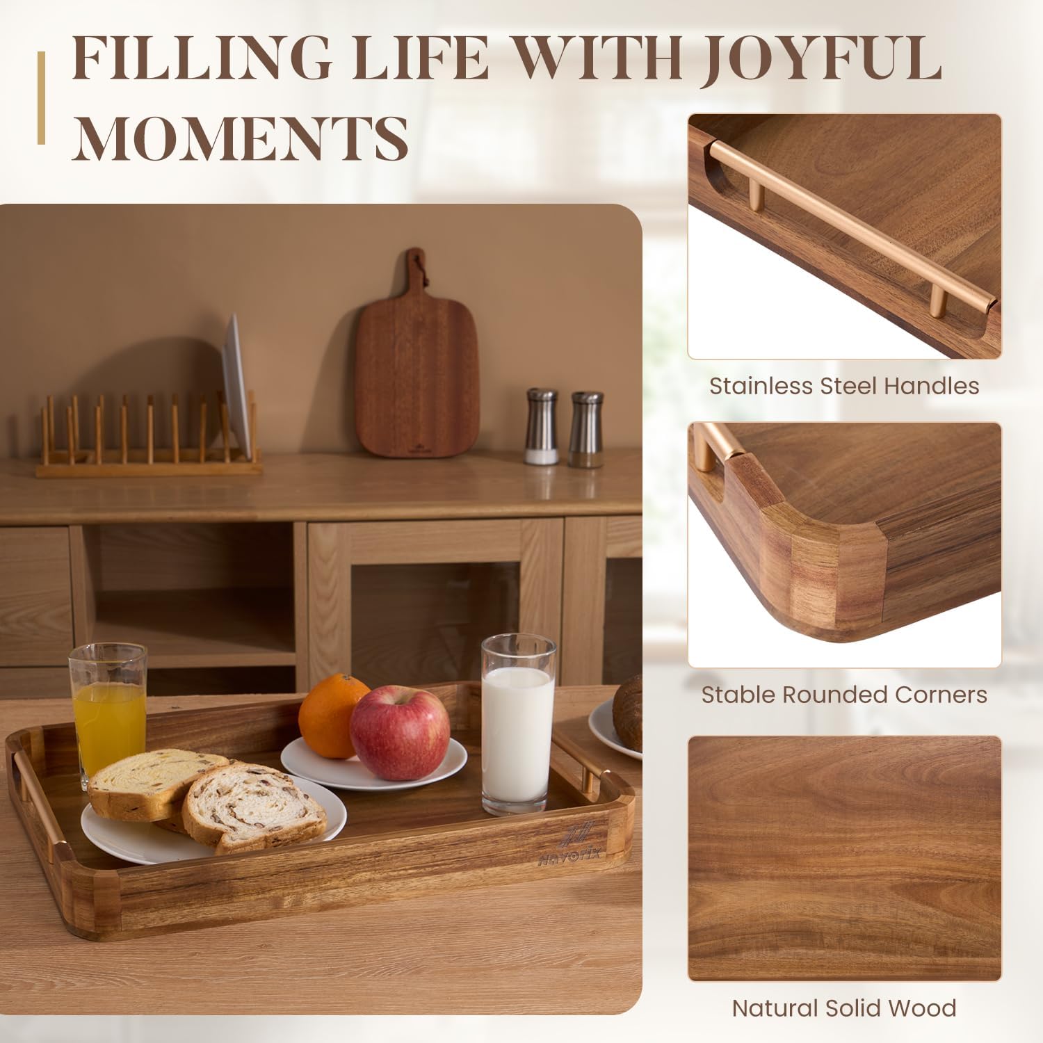 Acacia Wood Serving Tray with Handles - 17'' x 13'' Rectangular Decorative Ottoman Trays for Breakfast, Home Decor, Tea Party, Coffee Table, Candle Display, Kitchen Counter Board