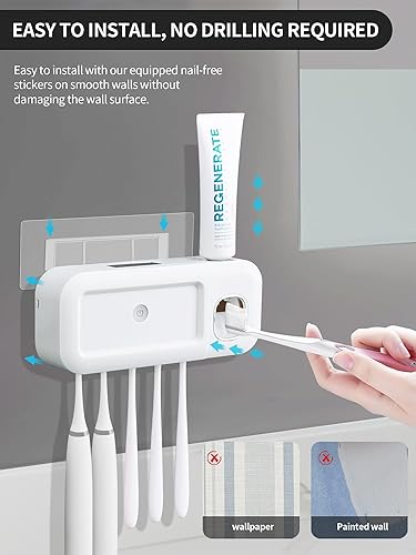 Miniatura 4 de OVAS HOO Soporte para cepillos de dientes montado en la pared, kit de exprimidor automático de pasta de dientes, carga solar, 5 ranuras para
