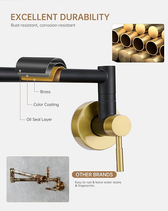 Fransiton Black & Gold Pot Filler, Pot Filler Faucet Wall Mount, Brass Folding Stretchable with Double Joint Swing Arm Single Hole Two Handles Kitchen Restaurant