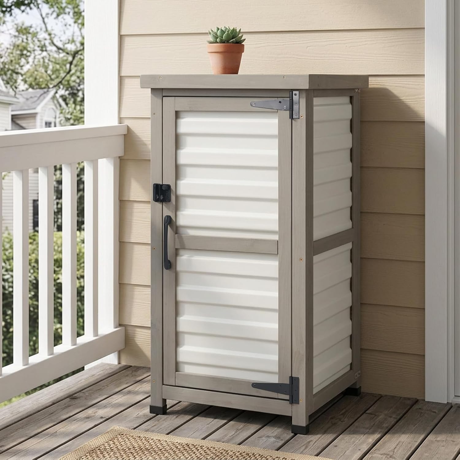 PetsCosset Small Outdoor Storage Cabinet, Wood & Plastic Potting Bench Table Tool Organizer for Patio Backyard Garden, Metal Top, Adjustable Shelf, Corner Storage for Narrow Spaces
