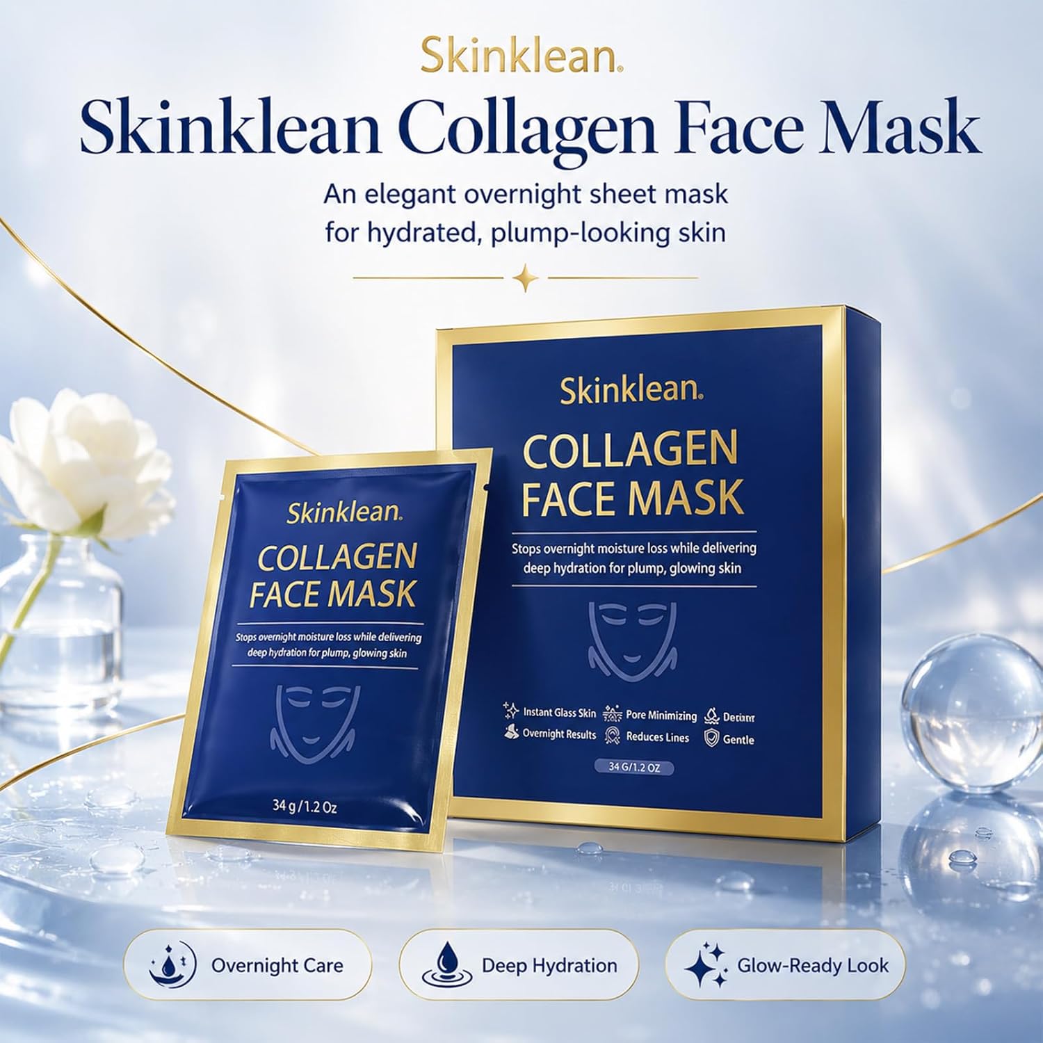 Skinklean Collagen Face Mask - Deep Hydration & Refreshing Glow, Gentle Daily Care for All Skin Types, Contour-Fitting At-Home Spa Experience (1 Set/4 Patches)
