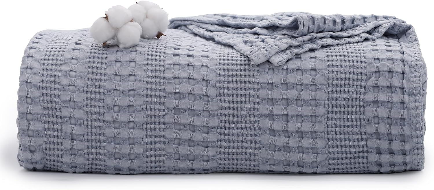 Cooling Cotton Waffle Weave Throw Blanket - Lightweight Breathable Blanket of 50% Rayon Derived from Bamboo for Hot Sleepers, Summer Throws for Couch Bed Sofa, Light Blue, 50"x60"
