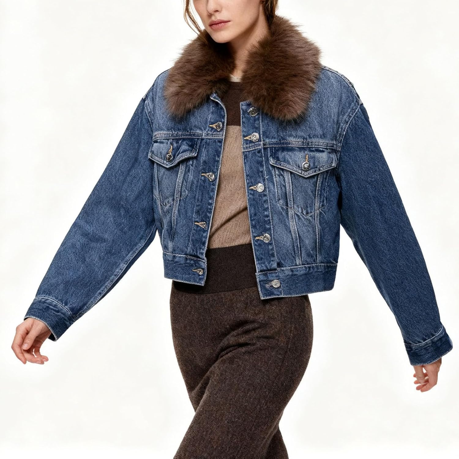 Womens Cropped Jean Jacket Denim Fur Collar Fleece Lined Trucker Jackets Long Sleeve Button Down Warm Winter Coats
