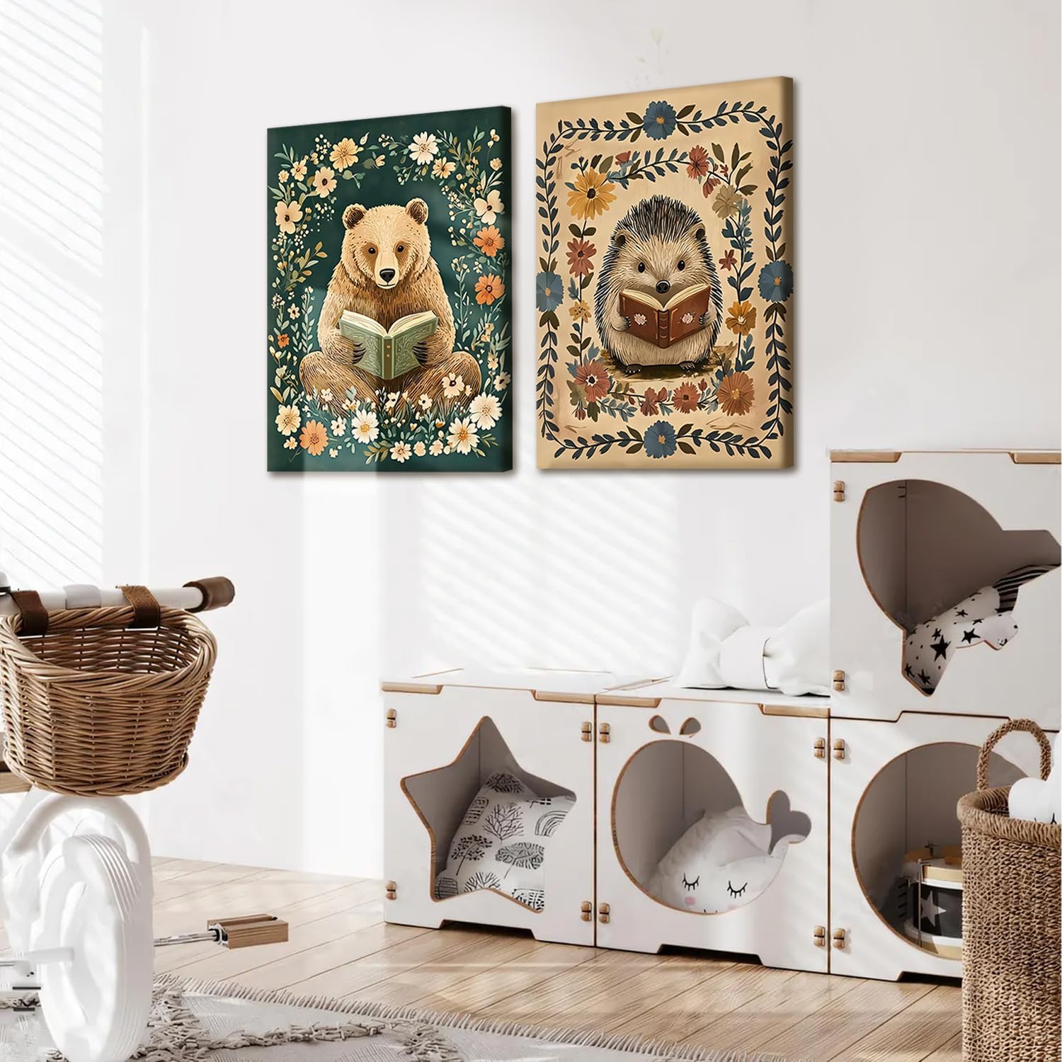 3pcs Animal Reading Canvas Wall Art Cute Woodland Animals Wall Decor Bear Hedgehog Squirrel Pictures Print Bohemian Floral Posters Paintings Suitable for Kids Room Nursery Playroom 12 x 16 Inch
