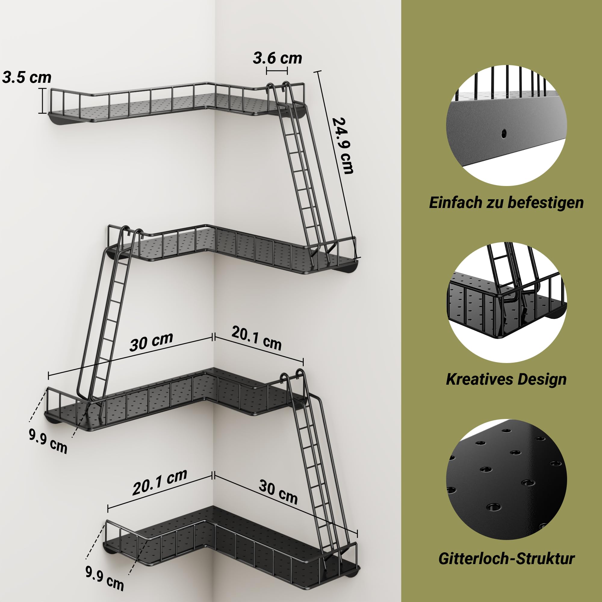 Schwarzes Eck Wandregal, 4-stöckiges Leiterregal aus Metall, Modernes City Design New York Stil, Einfache Montage Deko Regal für Figuren, Bad und Wohnzimmer