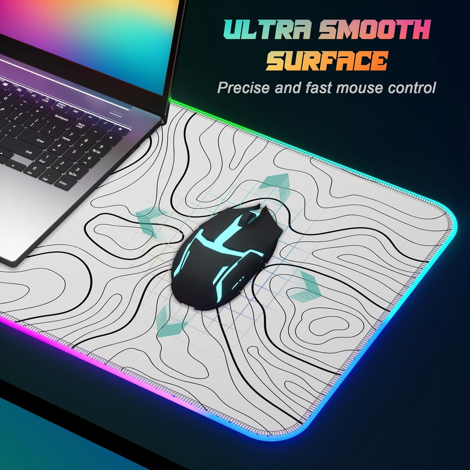 ITNRSIIET RGB Gaming Mouse Pad, Full Desk XL Extended Large Gaming Mousepad, 12 Lighting Modes 30% Thicker Big LED Desk Mat for Gamers, 32 x 12 inches, Topographic Contour White - Image 4