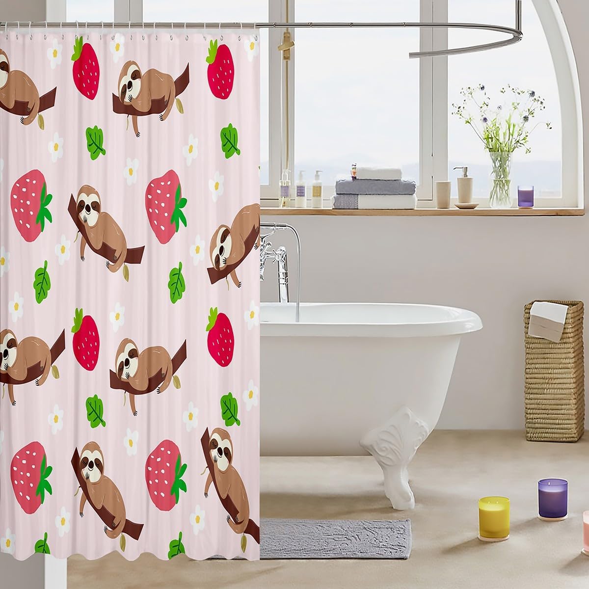 Toddler Cute Sloth Shower Curtain Kids Kawaii Animal Bath Curtain Girls Pink Decor Strawberry Waterproof Shower Curtain with Hooks Cartoon Fruits Flwers Leaves Bathroom Accessories Decor 72x84 Inch