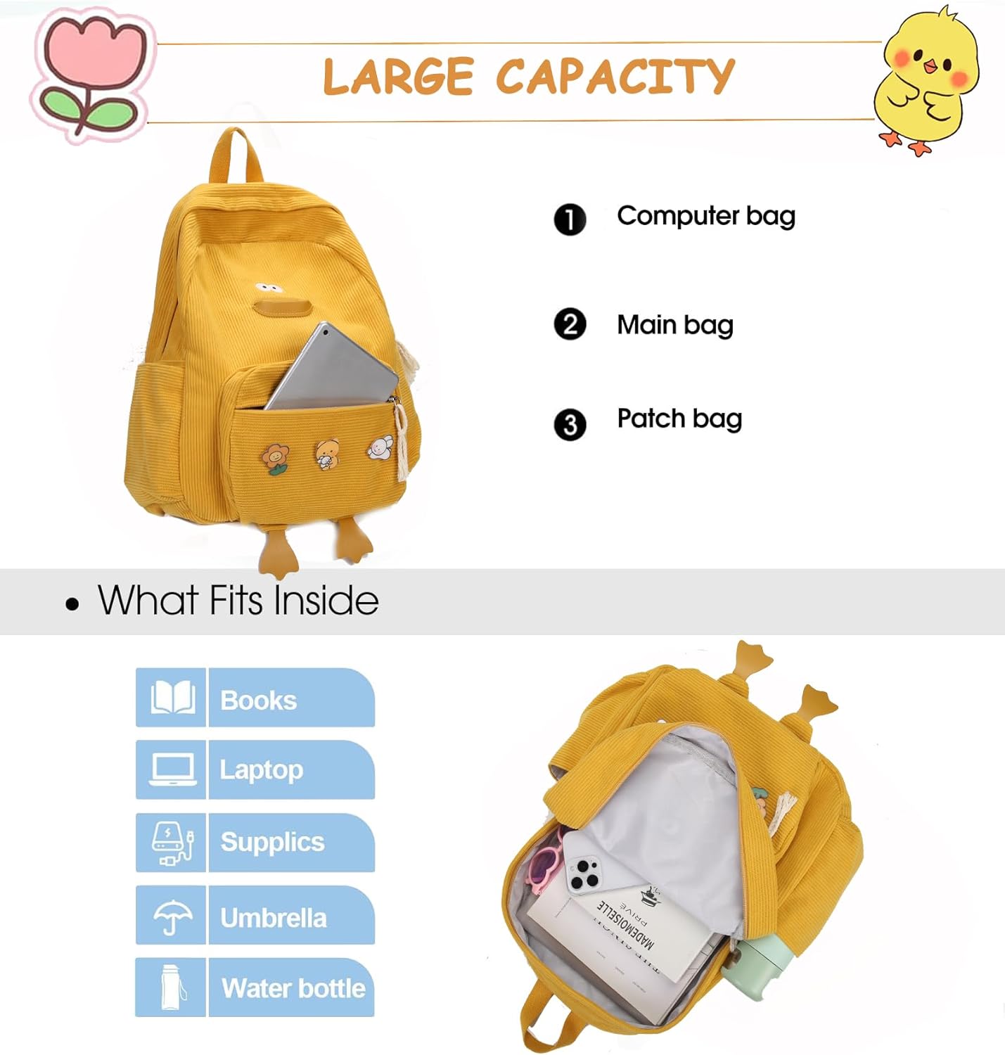 Cute Dcuk Backpack for Teens Girls Women, Kawaii Funny Aesthetic Corduroy Bookbag for High Middle School, Yellow - Image 5