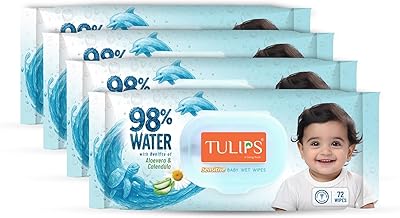 TULIPS Tulips 98% Water Baby Wet Wipes with Aloe Vera & Calendula | Gentle, Thick & Soft | Alcohol-Free, Paraben-Free | Safe for Newborn & Sensitive Skin | Lid Pack I 72 Wipes (Pack of 4)
