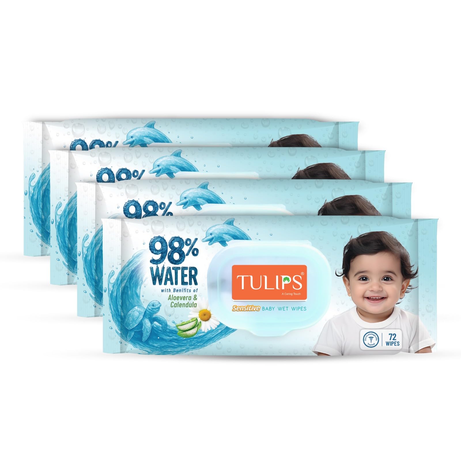 TULIPS Tulips 98% Water Baby Wet Wipes with Aloe Vera & Calendula | Gentle, Thick & Soft | Alcohol-Free, Paraben-Free | Safe for Newborn & Sensitive Skin | Lid Pack I 72 Wipes (Pack of 4)