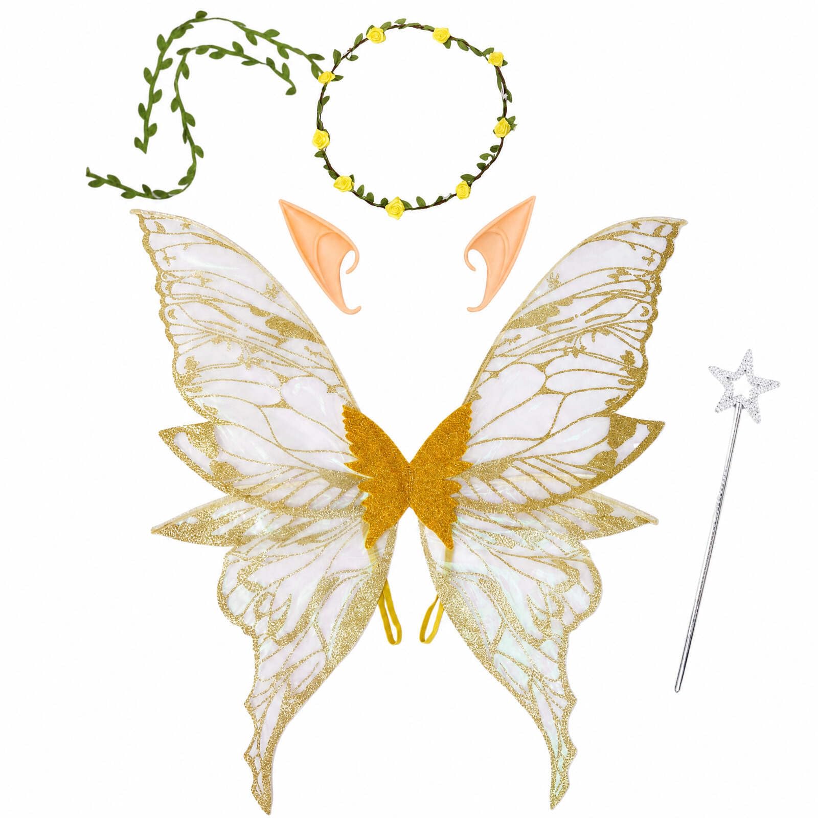Fairy Wings for Adult, Butterfly Wings Set with Elf Ears & Wand, Gold