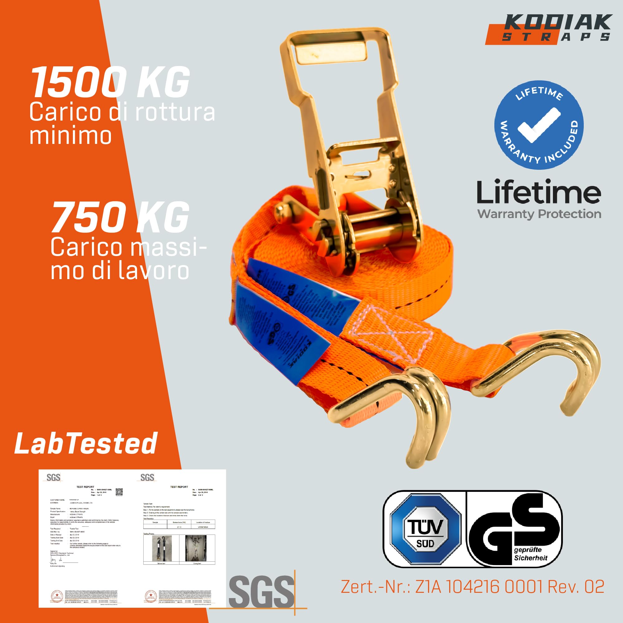 10 Cinghie di Tensione 6m x 1500kg con Cricchetto e Ganci - Cinghie a Cricchetto da 27mm - Cinghia Arancione per la Sicurezza del Carico - Certificato TÜV/GS e secondo DIN EN 12195-2 - KODIAK STRAPS