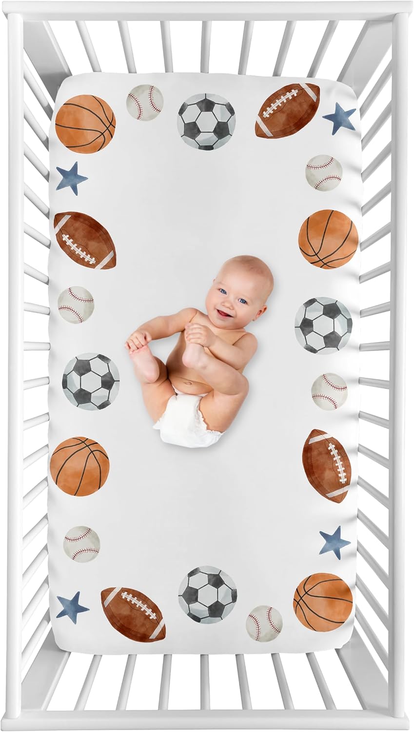 Sweet Jojo Designs Fitted Baby Crib Sheets (Vintage Sports Theme) for Boys, Infant Nursery, Toddler Room - Standard Size (Photo Op, Sport Themed, Soccer Balls, Football, Baseball, Basketball, Stars)